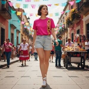 Mexican Embroidered Hot Pink T-Shirts Women's Short Sleeve Round Neck